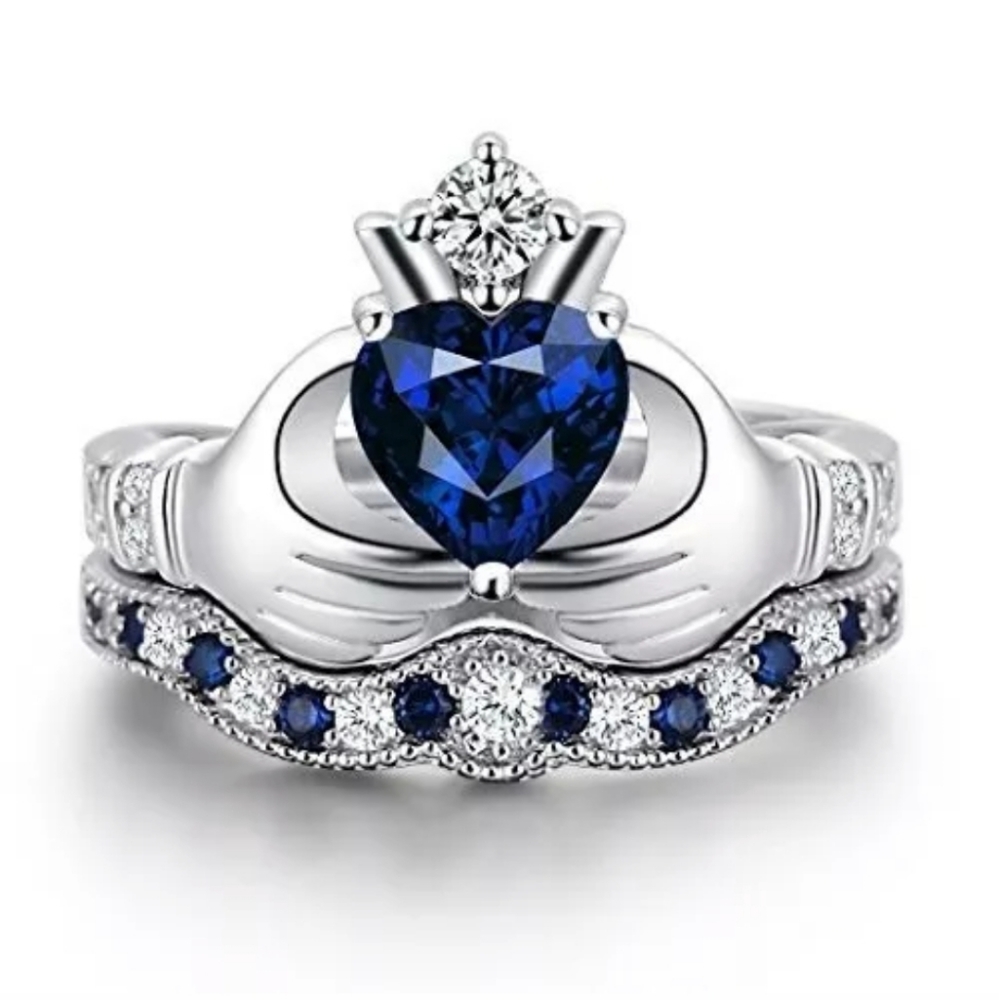 New Heart Shaped Blue Sapphire Silver Claddagh Ring Set.